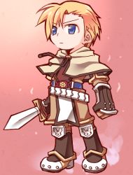 Rule 34 | 1boy, armored boots, blonde hair, blue eyes, boots, brown footwear, brown shirt, brown shorts, capelet, chibi, closed mouth, full body, gauntlets, holding, holding sword, holding weapon, male focus, pink background, ragnarok online, sakakura (sariri), shirt, short hair, shorts, solo, sword, swordsman (ragnarok online), v-shaped eyebrows, weapon, white capelet