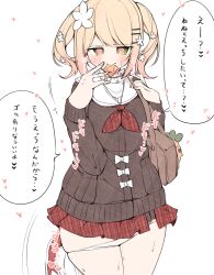 Rule 34 | 1girl, blonde hair, blush, breasts, brown cardigan, buttons, cardigan, closed mouth, commentary request, condom, condom in mouth, condom wrapper, curvy, flower, frilled shirt collar, frills, green eyes, hair flower, hair ornament, hairclip, half-skirt, heart, heart-shaped pupils, highres, hololive, instant loss, kuma no bansoukou, large breasts, long hair, long sleeves, looking at viewer, loose socks, miniskirt, momosuzu nene, momosuzu nene (casual), mouth hold, neckerchief, nervous sweating, official alternate costume, official alternate hair length, official alternate hairstyle, paid reward available, panties, panty pull, plaid, plaid skirt, pleated skirt, pussy juice, red footwear, red neckerchief, red skirt, sailor collar, school uniform, shirt, skirt, smile, socks, solo, sweat, sweatdrop, symbol-shaped pupils, translation request, twintails, underwear, very sweaty, virtual youtuber, white sailor collar, white shirt, white socks, wide hips