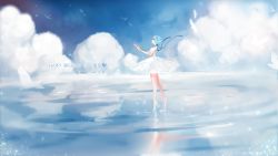 Rule 34 | 1girl, arms up, artist name, ayanami rei, ballet slippers, bare shoulders, birthday, blue hair, blue ribbon, blue sky, chinese commentary, closed mouth, cloud, cloudy sky, commentary request, dated, day, dress, english text, floating, floating object, from side, full body, hair between eyes, happy birthday, heart, highres, liquid, looking up, neon genesis evangelion, ribbon, short hair, sky, sleeveless, slippers, solo, sparkle, standing, tutu, water, white dress, white footwear, yuzhi