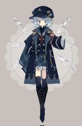 Rule 34 | 1girl, alternate costume, black coat, black footwear, black hat, black thighhighs, blue eyes, blue hair, blush, boots, cirno, closed mouth, coat, corrupted twitter file, detached wings, fairy, full body, gloves, grey background, hat, highres, ice, ice wings, knee boots, long sleeves, nikorashi-ka, open clothes, open coat, short hair, solo, thighhighs, touhou, white gloves, wings
