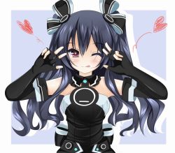 Rule 34 | 10s, 1girl, :p, ;p, ahhien, atsuhien, black gloves, black hair, blue background, blush, character name, elbow gloves, fingerless gloves, gloves, hair ribbon, heart, heart-shaped pupils, long hair, looking at viewer, neptune (series), one eye closed, red eyes, ribbon, silhouette, simple background, solo, symbol-shaped pupils, tongue, tongue out, twintails, two side up, uni (neptunia), w