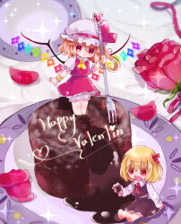 Rule 34 | 2girls, absurdres, ascot, blonde hair, bloomers, cake, crystal wings, dress, flandre scarlet, flower, food, fork, frills, hair ribbon, happy valentine, hat, hat ribbon, highres, mob cap, multiple girls, open mouth, petals, plate, red ascot, red dress, red eyes, red flower, red ribbon, red rose, ribbon, rose, rose petals, rumia, shina (kabocha0906), sparkle, touhou, underwear, yellow ascot