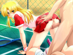 Rule 34 | ass, blonde hair, blush, censored, from behind, green eyes, racket, tennis, tennis racket