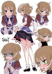 Rule 34 | 1girl, artist name, bare shoulders, biting, black skirt, blonde hair, blush, clenched teeth, clothes lift, commentary request, detached sleeves, expressions, fkey, from behind, full body, green eyes, highres, lifted by self, looking at viewer, looking back, mary janes, mizuhashi parsee, multiple views, pointy ears, shaded face, shoes, short hair, short sleeves, simple background, skirt, skirt lift, socks, standing, sweatdrop, teeth, thighs, touhou, white background, white legwear, white neckwear
