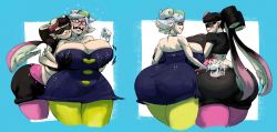 Rule 34 | alternate ass size, alternate body size, alternate breast size, annoyed, ass, bare shoulders, black hair, black jumpsuit, blue background, grabbing another&#039;s breast, breasts, callie (splatoon), cousins, cowboy shot, detached collar, dress, earrings, fangs, food, food on head, gloves, grabbing, grey hair, highres, huge ass, huge breasts, jewelry, jumpsuit, long hair, marie (splatoon), multicolored background, multicolored hair, nervous, nintendo, object on head, redblacktac, short hair, short jumpsuit, simple background, sleeveless, sleeveless dress, smile, spanking, splatoon (series), splatoon 1, splatoon 2, sunglasses, surprised, tentacle hair, thick thighs, thighs, white background, white gloves