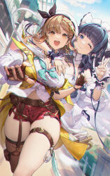 Rule 34 | 2girls, :d, ;), absurdres, atelier (series), atelier ryza, azur lane, black hair, blue hair, blunt bangs, breasts, brown eyes, brown hair, brown thighhighs, cheshire (azur lane), gloves, gt-apex, hat, highres, jacket, large breasts, long sleeves, looking at viewer, multiple girls, one eye closed, open clothes, open jacket, open mouth, partially fingerless gloves, red shorts, reisalin stout, shirt, short shorts, shorts, single thighhigh, skindentation, sleeves past wrists, smile, thick thighs, thigh strap, thighhighs, thighs, white shirt, yellow jacket