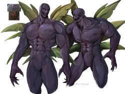 Rule 34 | 1boy, abs, absurdres, bald, bara, black skin, bracken (lethal company), bulge, colored skin, cropped legs, fartingdoggi, fingernails, flexing, flexing pectorals, highres, huge pectorals, large hands, lethal company, looking to the side, male focus, monster boy, muscular, muscular male, navel, no nipples, plant boy, reference inset, sharp fingernails, stomach, superhero costume, v-taper