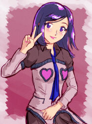 Rule 34 | 1girl, amano maya, blue necktie, blush, breasts, brown skirt, closed mouth, film grain, fingernails, hand up, heart, heart print, highres, long hair, long sleeves, looking at viewer, nail polish, necktie, persona, persona 2, pink lips, pink nails, purple eyes, purple hair, purple pupils, skirt, small breasts, smile, solo, split mouth, v, zawabug