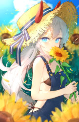 Rule 34 | 1girl, alternate costume, animal ears, blue eyes, blush, breasts, collarbone, commentary, commentary request, covering own mouth, field, flower, flower field, grey hair, hat, highres, horse ears, horse girl, overalls, patori, sky, small breasts, solo, straw hat, sunflower, sunflower field, symbol-only commentary, tamamo cross (umamusume), umamusume