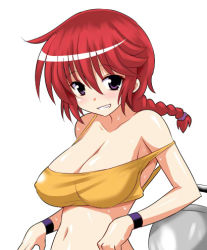 Rule 34 | 1girl, bare shoulders, blush, braid, braided ponytail, breasts, cleavage, crop top, genderswap, genderswap (mtf), grin, konno tohiro, large breasts, looking at viewer, lowres, navel, off shoulder, purple eyes, ranma-chan, ranma 1/2, red hair, saotome ranma, shiny skin, shirt, short hair, simple background, single braid, smile, solo, strap slip, taut clothes, taut shirt, white background, wristband