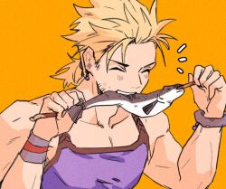 Rule 34 | 1boy, bare shoulders, blonde hair, blue tank top, closed eyes, earrings, eating, facial hair, final fantasy, final fantasy vi, fish, food, garbage paper, holding, holding food, jewelry, light blush, male focus, muscular, muscular male, ponytail, sabin rene figaro, smile, tank top, teeth, upper teeth only, wrist cuffs