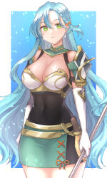Rule 34 | 1girl, absurdres, aqua hair, armor, bare shoulders, braid, breastplate, breasts, chloe (fire emblem), cleavage, commentary, covered navel, cowboy shot, fire emblem, fire emblem engage, green eyes, hazuki (nyorosuke), highres, holding, holding polearm, holding weapon, large breasts, long hair, looking at viewer, nintendo, pegasus knight uniform (fire emblem), polearm, revision, shoulder armor, side braid, simple background, single braid, skin tight, smile, solo, swept bangs, thighhighs, very long hair, weapon, zettai ryouiki