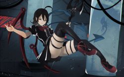 Rule 34 | 1girl, ahoge, asymmetrical wings, black dress, black hair, blue wings, bow, bowtie, center frills, dress, frills, highres, houjuu nue, naufaldreamer, photo-referenced, pointy ears, polearm, red bow, red bowtie, red eyes, red footwear, scp foundation, shoes, short dress, snake, solo, thighhighs, touhou, trident, weapon, wings