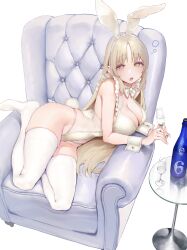 Rule 34 | 1girl, absurdres, animal ears, blonde hair, blush, bottle, breasts, cleavage, couch, cup, detached collar, drinking glass, fake animal ears, frilled leotard, frills, highres, kawaraya koh, large breasts, leotard, long hair, looking at viewer, nijisanji, on couch, open mouth, playboy bunny, rabbit ears, rabbit tail, sister claire, solo, strapless, strapless leotard, tail, thighhighs, virtual youtuber, white thighhighs, wine bottle, wine glass, wrist cuffs, yellow eyes, yellow leotard