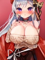 Rule 34 | 1girl, aran sweater, azur lane, bad id, bad pixiv id, bare shoulders, belfast (azur lane), belfast (shopping with the head maid) (azur lane), beret, black ribbon, black skirt, breast hold, breasts, brown sweater, cable knit, choker, cleavage, earrings, food, hat, highres, holding, holding food, holding pocky, hoop earrings, ichigo moka, jewelry, large breasts, long hair, looking at viewer, nail polish, off-shoulder sweater, off shoulder, official alternate costume, pocky, purple eyes, red background, red hat, red shawl, ribbon, shawl, silver hair, simple background, skirt, solo, sweater