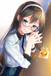 Rule 34 | 1girl, alcohol, alternate costume, black hair, blue eyes, cup, drinking glass, glasses, hairband, imachireki, interlocked fingers, kantai collection, lips, long hair, looking at viewer, ooyodo (kancolle), sake, shirt, sitting, smile, solo, striped clothes, striped shirt, upper body, vertical stripes, white hairband