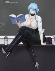 Rule 34 | akame ga kill!, alternate costume, alternate hairstyle, blush, book, boots, breasts, chalkboard, choker, classroom, cleavage, desk, dress, earrings, esdeath, glasses, high heels, huge breasts, jewelry, leather skirt, crossed legs, looking at viewer, no bra, pencil, pencil skirt, salazr44, school desk, sitting, skirt, tattoo, teacher, thigh boots, thighhighs