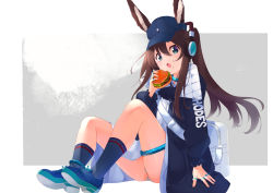 Rule 34 | 1girl, :o, absurdres, amiya (arknights), amiya (newsgirl) (arknights), animal ear fluff, animal ears, arknights, ascot, bag, baseball cap, black ascot, black coat, black hair, blue choker, blue eyes, blue footwear, blue hat, brown hair, burger, choker, clothes writing, coat, commentary request, ears through headwear, food, food on face, full body, grey background, hair between eyes, hat, headphones, highres, holding, holding food, jewelry, kneehighs, knees up, long sleeves, looking at viewer, official alternate costume, open clothes, open coat, open mouth, panties, pantyshot, ponytail, rabbit ears, rabbit girl, ring, shirt, shoes, shoulder bag, sidelocks, sitting, socks, solo, thighlet, thighs, u-st (uweiter), underwear, white shirt