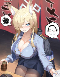 Rule 34 | 1boy, 1girl, absurdres, animal ears, doodle sensei (blue archive), blonde hair, blue archive, blue eyes, blue shirt, blush, breasts, brown pantyhose, cleavage, collarbone, collared shirt, highres, holding, kanna (blue archive), large breasts, long hair, looking at viewer, morung, pantyhose, parted lips, sensei (blue archive), shirt, sitting