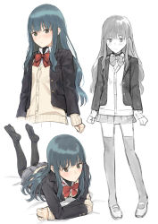 Rule 34 | 1girl, bed sheet, black jacket, black thighhighs, blazer, blue hair, blush, bow, brown cardigan, cardigan, closed mouth, collared shirt, crossed arms, dress shirt, eyebrows hidden by hair, green eyes, highres, jacket, legs up, long hair, long sleeves, lying, mikazuchi zeus, multiple views, no shoes, on stomach, open clothes, open jacket, original, pleated skirt, red bow, school uniform, shirt, shoes, skirt, sleeves past wrists, soles, the pose, thighhighs, uwabaki, very long hair, white background, white shirt