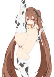 Rule 34 | 1girl, absurdres, animal print, ass, bell, bikini, breasts, brown hair, check copyright, chixiao, cleft of venus, contortion, copyright request, cow girl, cow print, cow print bikini, flexible, gloves, hair ribbon, half gloves, highres, horns, leg up, long hair, looking at viewer, medium breasts, micro bikini, navel, open mouth, original, print bikini, pussy, pussy peek, red eyes, ribbon, simple background, skindentation, solo, split, spread legs, swimsuit, thighhighs, twintails, v, very long hair, white background, white gloves