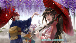 Rule 34 | 3girls, arika, brown hair, character request, dog, fighting ex layer, hair ribbon, highres, holding, holding umbrella, japanese clothes, kimono, knitty (technictix), long hair, multiple girls, nanase (street fighter), official art, official wallpaper, open mouth, rain (technictix), red hair, ribbon, smile, street fighter, street fighter ex (series), technictix, umbrella