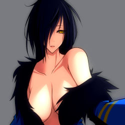 Rule 34 | 1girl, blue hair, breasts, cleavage, costume, emukon, hair over one eye, large breasts, lips, luxray, no bra, open clothes, personification, pokemon, solo, yellow eyes