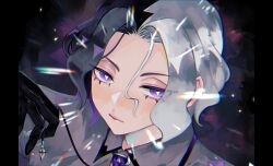 Rule 34 | amethio (pokemon), black hair, gloves, highres, multicolored hair, purple eyes, symbol-shaped pupils, tagme, triangle-shaped pupils, two-tone hair, white hair