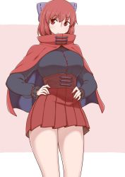 Rule 34 | 1girl, blue bow, blue shirt, blush, bow, breasts, capelet, closed mouth, commentary request, cowboy shot, hair bow, hands on own hips, high collar, large breasts, legs, long sleeves, looking at viewer, pink background, pleated skirt, poronegi, red eyes, red hair, red skirt, sash, sekibanki, shirt, short hair, skirt, solo, standing, touhou