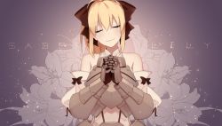 Rule 34 | 1girl, ahoge, armor, artoria pendragon (all), artoria pendragon (fate), bow, breastplate, closed eyes, fate/grand order, fate/unlimited codes, fate (series), flower, gauntlets, hair bow, highres, ichigopantsu, lily (flower), own hands clasped, own hands together, ponytail, saber (fate), saber lily, smile, solo