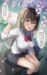 Rule 34 | 1girl, bag, bench, black skirt, blouse, blush, bra visible through clothes, breasts, brown hair, cherry blossoms, collared shirt, commentary request, hair between eyes, hand on own knee, handkerchief, highres, holding, holding handkerchief, large breasts, long hair, looking at viewer, open mouth, original, outdoors, purple eyes, rain, school bag, school uniform, shiro kuma shake, shirt, sidelocks, sitting, skirt, smile, solo, speech bubble, wet, wet clothes, wet shirt, white shirt