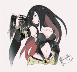 Rule 34 | 1girl, animal, animal on arm, armpits, bare shoulders, belt, bird, black hair, blue eyes, breasts, cleavage, crow, crow (gravity daze), detached sleeves, full body, gravity daze, gravity daze 2, hair over one eye, long hair, medium breasts, midriff, multicolored hair, navel, red hair, solo, strapless, two-tone hair, very long hair, xii (gravity daze), yurax-mae