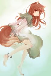 Rule 34 | 1girl, animal ears, anklet, barefoot, blush, brown hair, capelet, dress, feet, highres, holo, jewelry, long hair, long legs, red eyes, smile, solo, soszoz, spice and wolf, tail, wolf ears, wolf tail