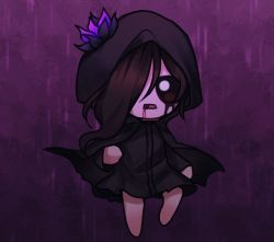 Rule 34 | 1girl, black dress, black eyes, black hair, black lotus, blood, blood from mouth, commentary, dress, eve (the binding of isaac), fang, flower, full body, hair over one eye, hat, hat flower, hood, keshi4740, long hair, makeup, mascara, open mouth, solo, the binding of isaac