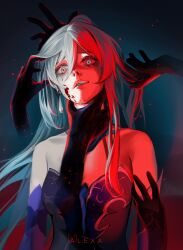 Rule 34 | 1girl, bare shoulders, blood, blood on face, blue hair, crazy smile, earrings, hair between eyes, hand around neck, hand on another&#039;s face, highres, honkai: star rail, honkai (series), jewelry, jingliu (honkai: star rail), light blue hair, looking at viewer, m alexa, parted lips, red theme, sidelocks, simple background, smile, tears, upper body