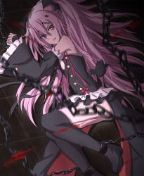 Rule 34 | 1girl, ass, bare shoulders, bat hair ornament, black dress, black footwear, boots, bound, bound ankles, bound wrists, chain, clenched teeth, cookies (1503), detached sleeves, dress, frown, hair between eyes, hair ornament, highres, knee boots, krul tepes, long hair, looking at viewer, lying, official style, on floor, on side, owari no seraph, pink hair, red eyes, solo, teeth, thigh boots, thighhighs, twintails, very long hair, wide sleeves