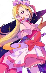 Rule 34 | 1girl, :d, blonde hair, chon chiyon, commentary request, cure butterfly, dress, eyelashes, hair ornament, happy, hijiri ageha, hirogaru sky! precure, long hair, looking at viewer, magical girl, multicolored hair, nail polish, open mouth, orange hair, pink dress, pink eyes, pink skirt, precure, skirt, smile, solo, standing, streaked hair
