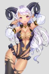 Rule 34 | 1girl, arms up, breasts, brooch, cleavage, cowboy shot, dark skin, dark-skinned female, demon girl, detached sleeves, frills, fujiya takao, gluteal fold, grey background, highres, horns, jewelry, jpeg artifacts, large breasts, long hair, looking at viewer, navel, open mouth, original, pink eyes, pointy ears, simple background, solo, white hair