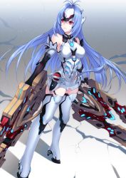 Rule 34 | 1girl, android, banned artist, bare shoulders, blue hair, breasts, elbow gloves, expressionless, forehead protector, full body, gloves, kos-mos re:, kyoeiki, leotard, long hair, medium breasts, red eyes, simple background, solo, standing, thighhighs, very long hair, weapon, white leotard, xenoblade chronicles (series), xenoblade chronicles 2, xenosaga