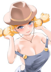 Rule 34 | 1girl, absurdres, bare shoulders, blonde hair, blue eyes, blush, breasts, cleavage, collarbone, cowboy hat, cowgirl (pokemon), creatures (company), game freak, hair lift, hair tie, hands up, hat, highres, large breasts, looking at viewer, naked overalls, nintendo, open mouth, overalls, poke ball symbol, pokemon, pokemon dppt, simple background, smile, solo, strap slip, toba tsutsumi, twintails, upper body, white background