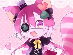 Rule 34 | 1girl, cat, cat busters, cheshire (cat busters), eyepatch, fingerless gloves, furry, furry female, gloves, hat, mini hat, mizuiroribbon, open mouth, purple eyes, purple hair, solo