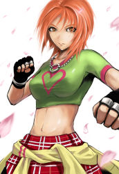 Rule 34 | 1girl, babydoll t-shirt, bad id, bad pixiv id, cherry blossoms, clothes around waist, crop top, fingerless gloves, gloves, green shirt, heart, jewelry, matching hair/eyes, midriff, miniskirt, moe habana, navel, necklace, orange eyes, orange hair, plaid, plaid skirt, shirt, short hair, simple background, skirt, snk, solo, sweater, sweater around waist, the king of fighters, white background, yellow eyes, ying mao