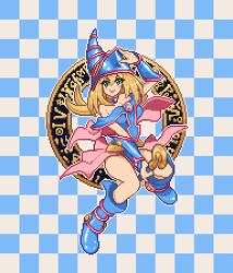 Rule 34 | 1girl, arm guards, arm up, blonde hair, blue footwear, blue headwear, blush stickers, boots, breasts, checkered background, cleavage, commentary, dark magician girl, dress, duel monster, full body, green eyes, hair between eyes, hat, holding, holding staff, long hair, looking at viewer, magic circle, medium breasts, nokia yan, off-shoulder dress, off shoulder, open mouth, pixel art, solo, staff, teeth, upper teeth only, wizard hat, yu-gi-oh!