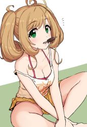 Rule 34 | 1girl, ^^^, ahoge, bad id, bad twitter id, bare arms, bare legs, bare shoulders, blonde hair, breasts, camisole, chocolate, cleavage, collarbone, crossed ankles, eating, food, green background, green eyes, ice cream, idolmaster, idolmaster cinderella girls, indian style, light brown hair, lips, looking at viewer, medium breasts, off shoulder, omaru gyuunyuu, popsicle, sato shin, simple background, sitting, skirt, solo, spaghetti strap, twintails, white background, yellow skirt