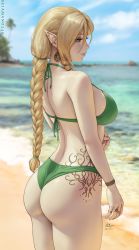 Rule 34 | 1girl, artist name, ass, bare arms, bare shoulders, beach, bikini, blonde hair, blue sky, blurry, blurry background, bracelet, braid, braided ponytail, breasts, closed mouth, commentary, cowboy shot, day, depth of field, ear piercing, elf, english commentary, from behind, green bikini, green eyes, green ribbon, highres, horizon, jewelry, large breasts, long hair, myra (sciamano240), ocean, original, outdoors, piercing, pointy ears, profile, ribbon, ring, ringlets, sciamano240, sideboob, signature, single braid, sky, smile, solo, swimsuit, tattoo, very long hair, water