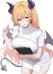 Rule 34 | 1girl, blonde hair, blue eyes, blush, breasts, clipboard, demon girl, demon horns, demon tail, demon wings, highres, holding, holding clipboard, hololive, horns, large breasts, long hair, looking at viewer, mitsuru (pixiv 34028718), nurse, pointy ears, short sleeves, simple background, solo, swept bangs, tail, thermometer, thighhighs, virtual youtuber, wings, yuzuki choco