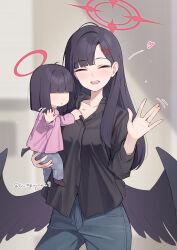Rule 34 | 2girls, aged down, alternate costume, black hair, black shirt, black wings, blue archive, blush, carrying, carrying person, casual, child, child carry, commentary request, denim, hair ornament, hairclip, halo, heart, highres, ichika (blue archive), jeans, justice task force member (blue archive), kanpa (campagne 9), long hair, long sleeves, low wings, mother and daughter, multiple girls, pants, red halo, shirt, waving, wings