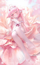 Rule 34 | 1girl, ahoge, animal ears, arm up, armpit crease, bare shoulders, blurry, blurry background, blush, bodysuit, character request, chen bin, closed mouth, copyright request, crossed legs, feet, fine fabric emphasis, flat chest, floppy ears, flower, foreshortening, frills, full body, hair ornament, hairband, hand up, heart, heart ahoge, highres, leaning back, long hair, looking at viewer, no shoes, pink eyes, pink flower, pink hair, shadow, sidelocks, sitting, solo, thighs, toenails, toes, very long hair, water drop, white bodysuit, white flower