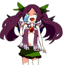 Rule 34 | 1girl, alternate hairstyle, arm at side, blouse, bow, breasts, cape, closed eyes, food, green skirt, hair bow, large breasts, long hair, miniskirt, open clothes, open shirt, popsicle, purple hair, reiuji utsuho, shirt, skirt, skirt set, solo, standing, sweat, third eye, touhou, twintails, wings, yoshii tachiko