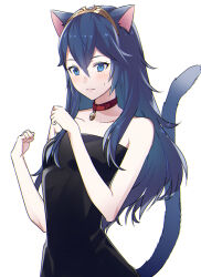 Rule 34 | 1girl, alternate costume, ameno (a meno0), animal collar, animal ears, bare shoulders, black dress, blue eyes, blue hair, blush, breasts, cat ears, cat tail, closed mouth, collar, collarbone, dress, fire emblem, fire emblem awakening, hair between eyes, kemonomimi mode, long hair, looking at viewer, lucina (fire emblem), nintendo, small breasts, solo, strapless, strapless dress, sweatdrop, tail, tiara